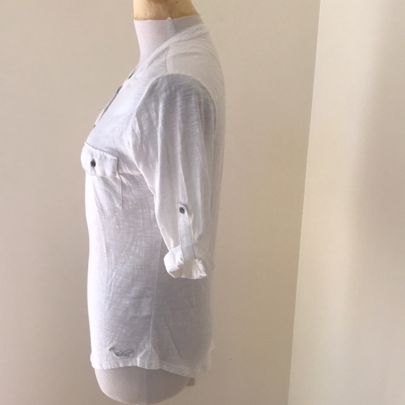 Kuhl small off white front button sleeve tab top. - Picture 4 of 8